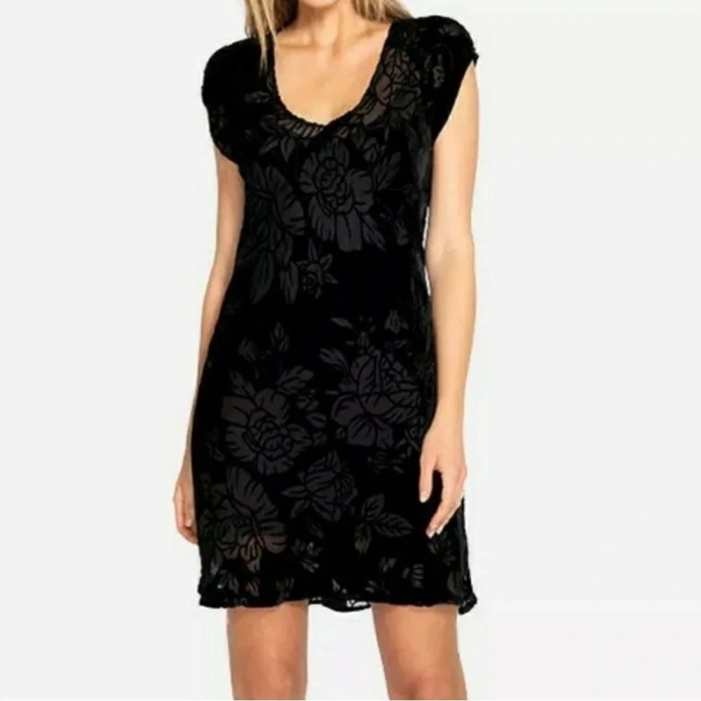 Johnny Was Morgan Silk Blend Velvet Black Floral Short Sleeves Mini Dress